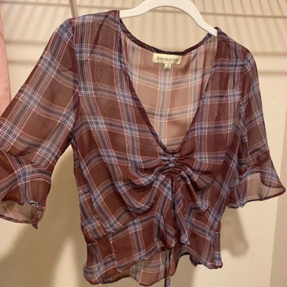 Everybody Talks LF Stores Plaid Blouse with Tie - Picture 1 of 5